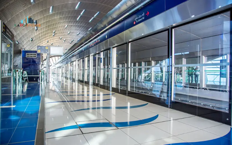 Ticket vending machine and escalators inside Dubai Internet City Metro Station