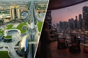 Modern cityscapes metro and marina views