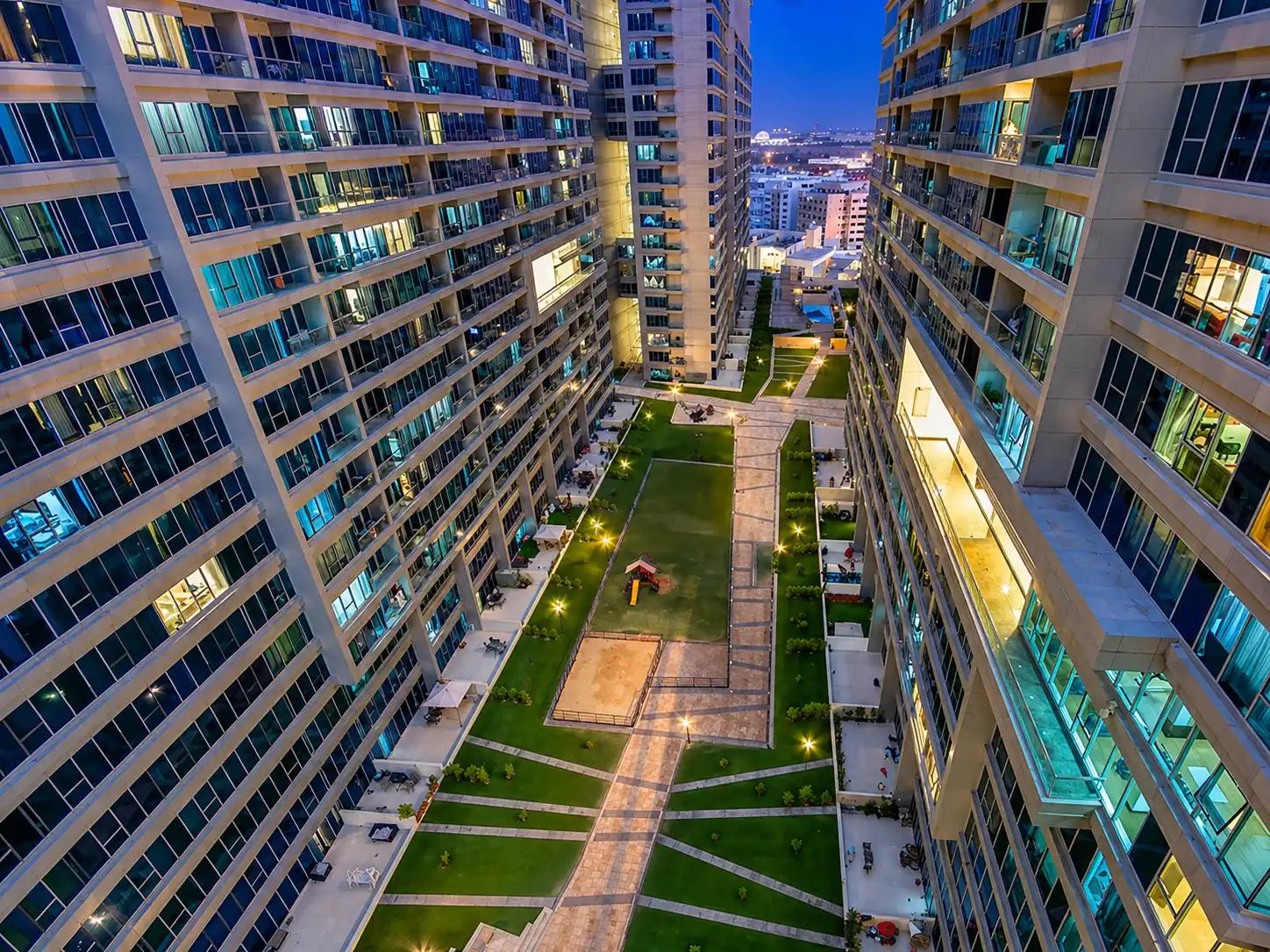 Skycourts Towers courtyard view Dubailand Dubai