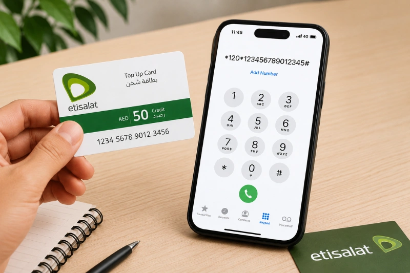 Etisalat recharge card with USSD top up code on smartphone screen