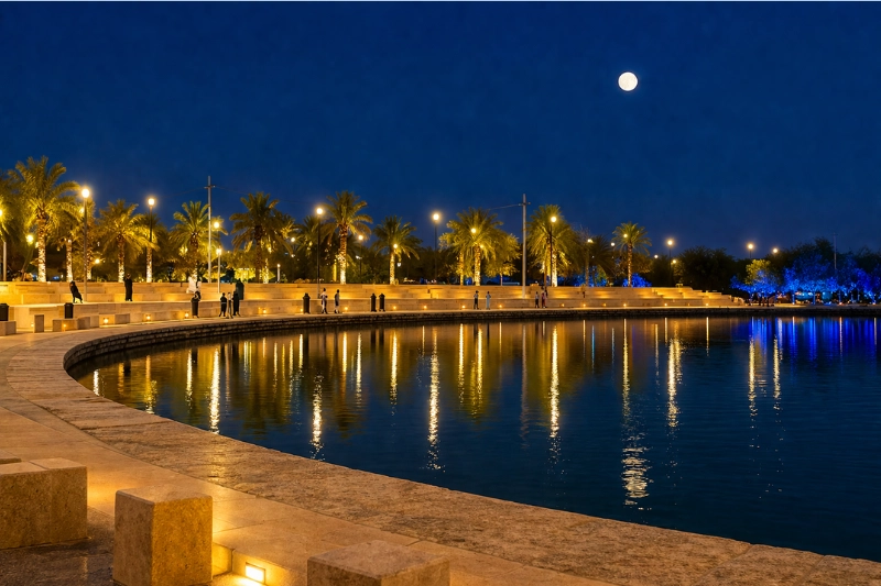Night scene at Lake Park Riyadh with lit lake, palm trees, and moonlight reflections