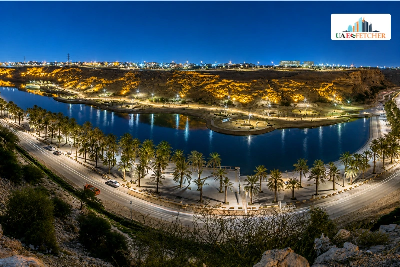 Night view of Lake Park Riyadh with lit lake, palm trees, and city lights.