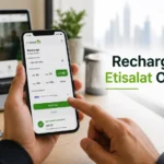 Person using smartphone for Etisalat online recharge and Quick Pay in UAE