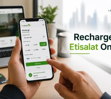 Person using smartphone for Etisalat online recharge and Quick Pay in UAE