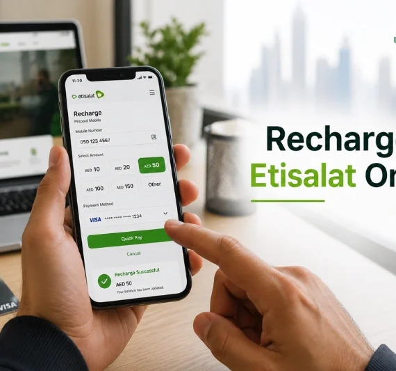 Person using smartphone for Etisalat online recharge and Quick Pay in UAE