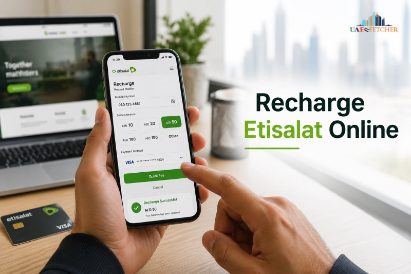 Person using smartphone for Etisalat online recharge and Quick Pay in UAE