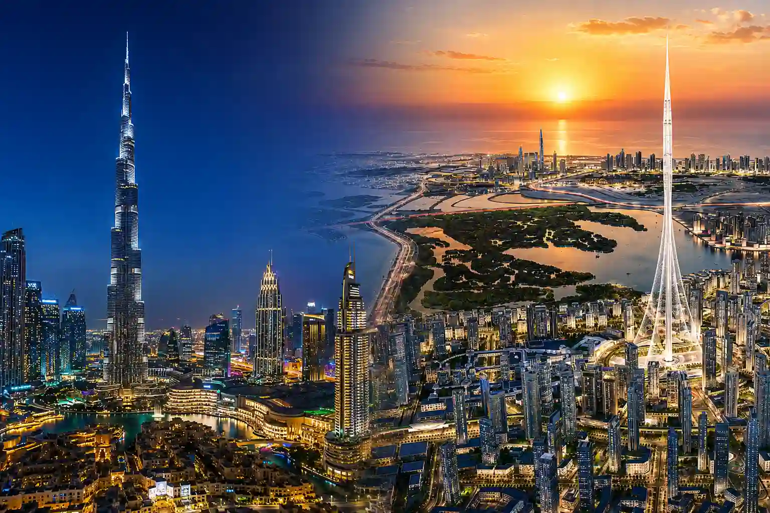 Downtown Dubai vs Dubai Creek Harbour skyline comparison with Burj Khalifa and Dubai Creek Tower
