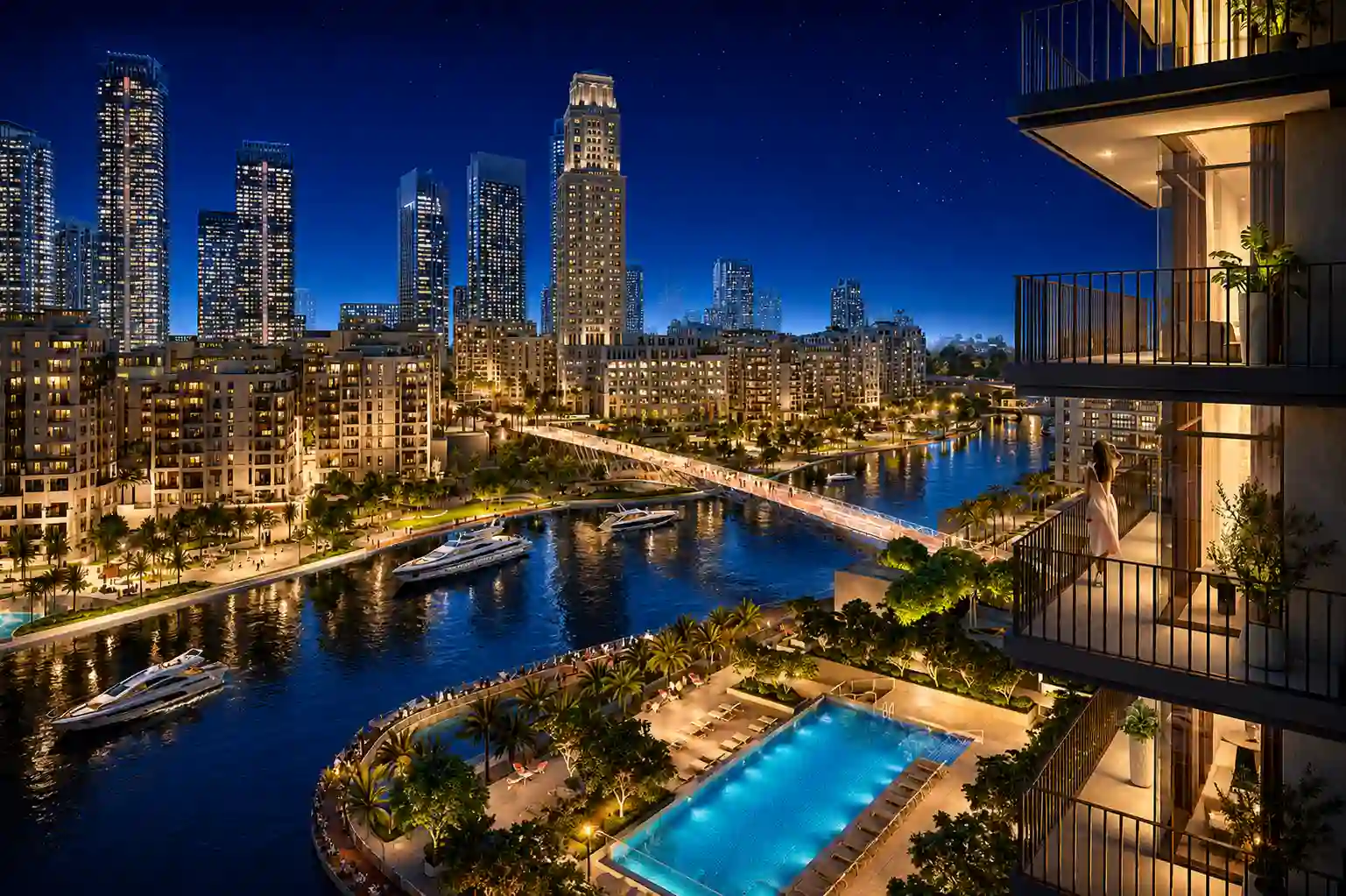 Dubai Creek Harbour skyline and waterfront residences illuminated at night