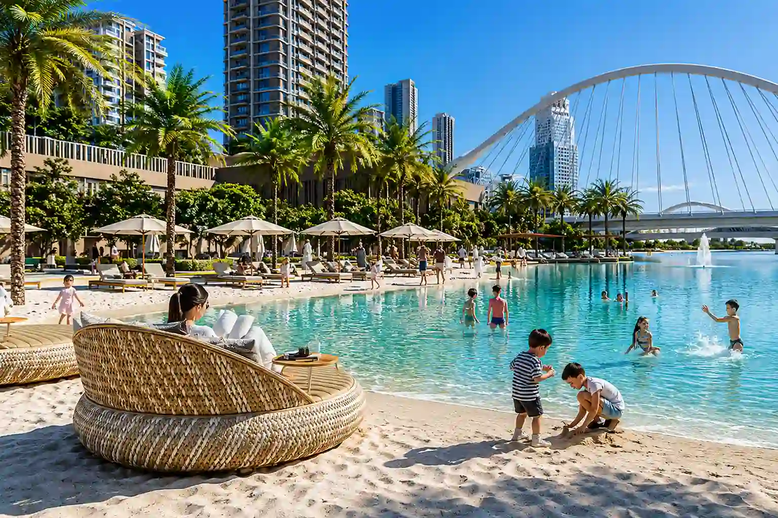 Families enjoying Creek Beach at Dubai Creek Harbour with waterfront views