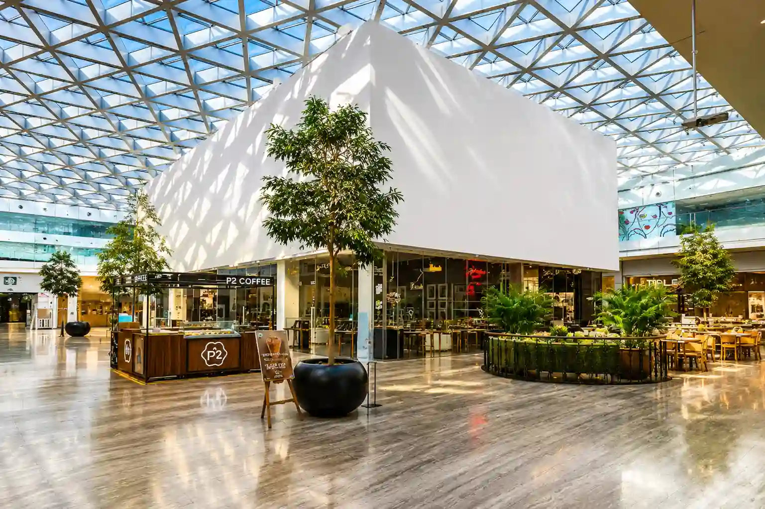 Galleria Mall Al Barsha interior with cafés, restaurants, and open seating area