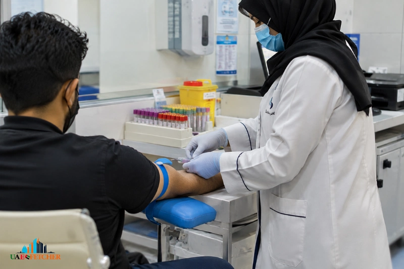 Medical worker collecting a blood sample at a screening center